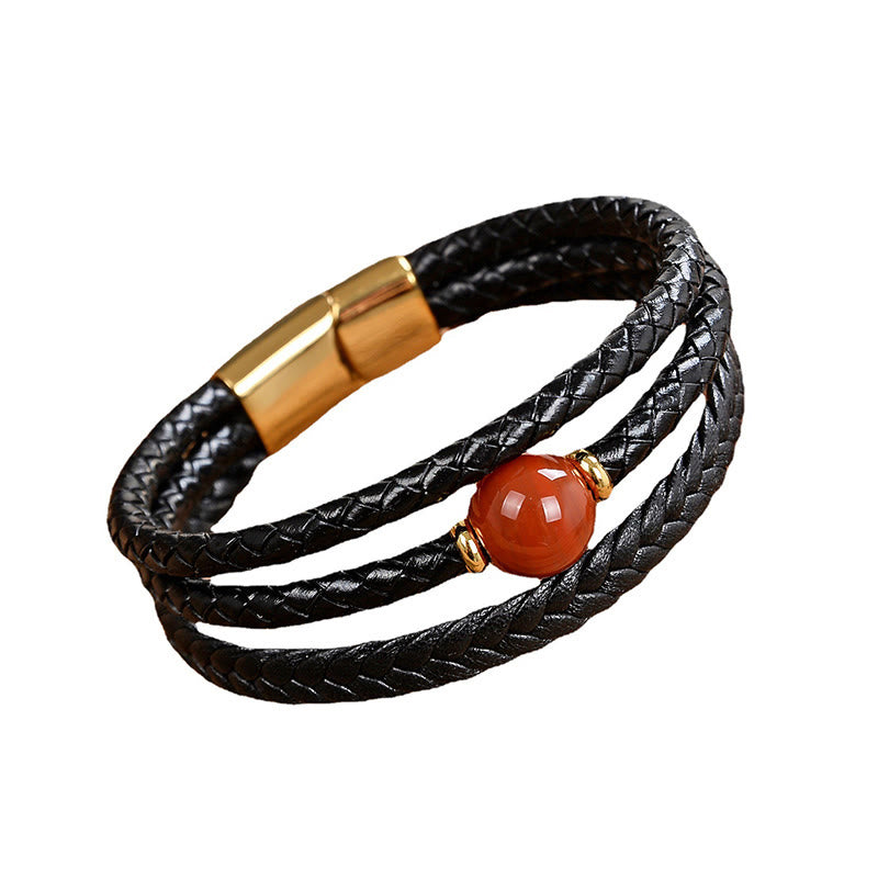 Leather Mantra Bracelet - Orange agate on triple black leather cord with gold magnetic clasp, gemstone