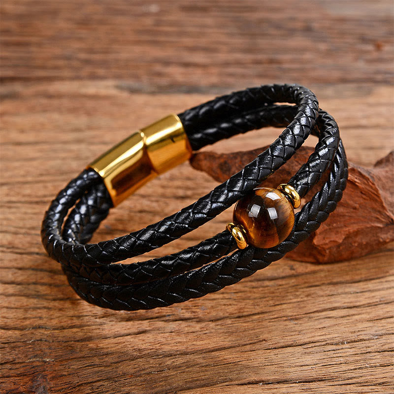Leather Mantra Bracelet - Golden brown tiger eye on double black leather with gold hardware, casual bracelet