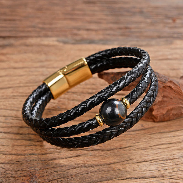 Leather Mantra Bracelet - Dark chatoyant tiger eye bead on black leather with gold hardware, mens bracelet