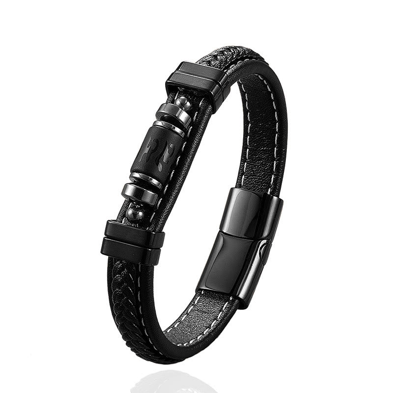 Black Onyx Om Mani Padme Hum Dragon Bracelet – black metal beads on stitched leather with magnetic clasp, Strength