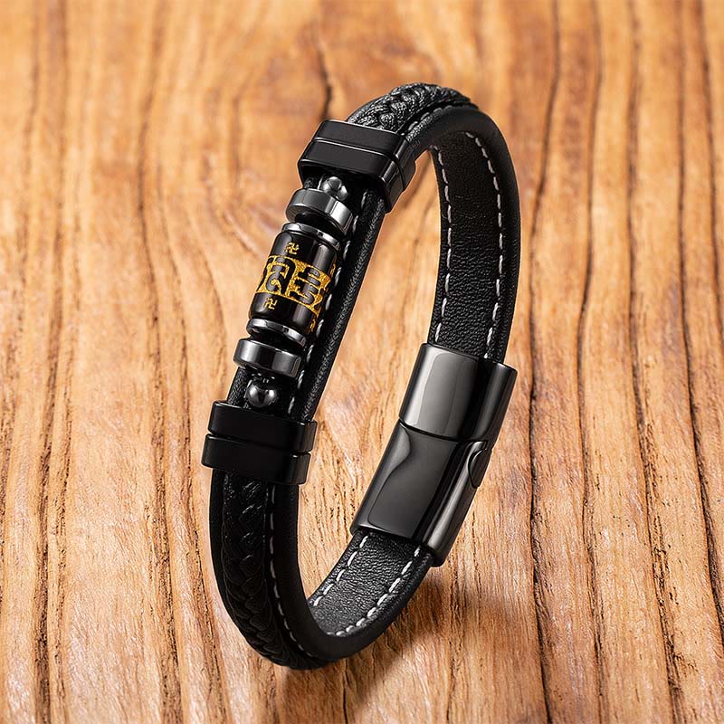 Black Onyx Om Mani Padme Hum Dragon Bracelet – gold mantra engraving on onyx with dragon-scale leather, Wisdom