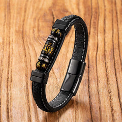 Black Onyx Om Mani Padme Hum Dragon Bracelet – gold mantra on cylindrical bead with braided leather, Wisdom