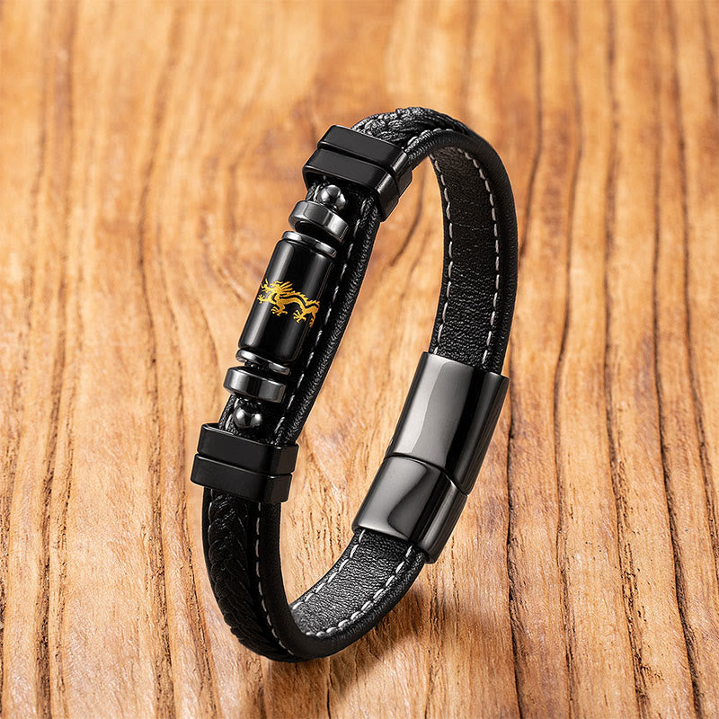 Black Onyx Om Mani Padme Hum Dragon Bracelet – gold-engraved mantra cylinder on black leather band, Protection
