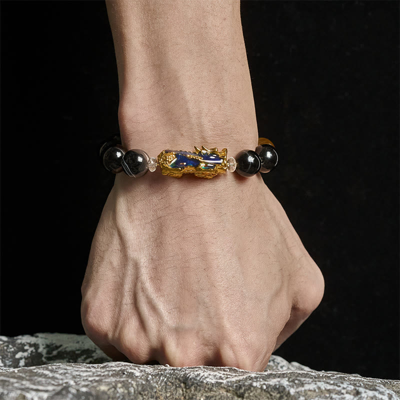 Sardonyx Five Elements Pi Xiu Positive Energy Bracelet – gold Pi Xiu bracelet on wrist, feng shui good luck jewelry