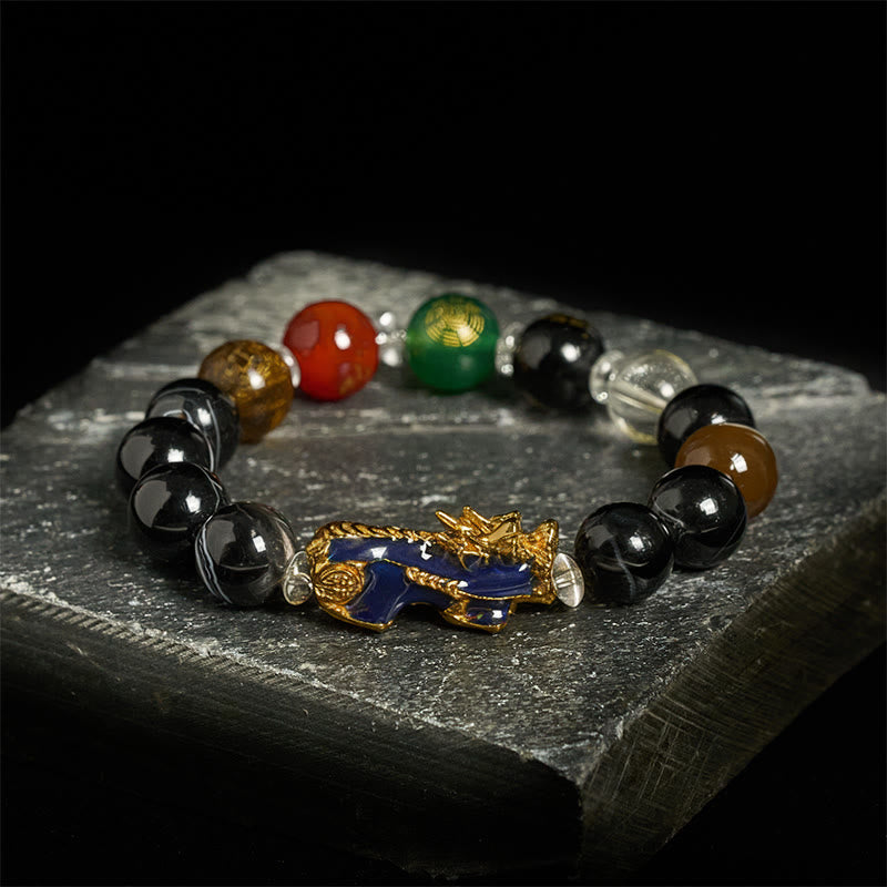 Sardonyx Five Elements Pi Xiu Positive Energy Bracelet – multi-color beads gold Pi Xiu black slab, positive energy