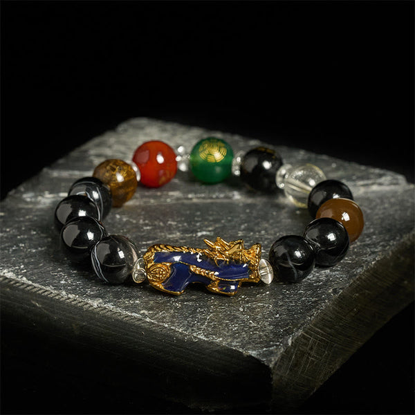 Sardonyx Five Elements Pi Xiu Positive Energy Bracelet – multi-color beads gold Pi Xiu black slab, positive energy