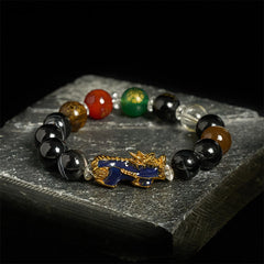 Sardonyx Five Elements Pi Xiu Positive Energy Bracelet – multi-color beads gold Pi Xiu black slab, positive energy