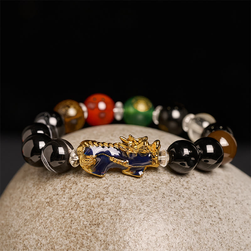 Sardonyx Five Elements Pi Xiu Positive Energy Bracelet – multi-color beads gold Pi Xiu light stone, five elements luck