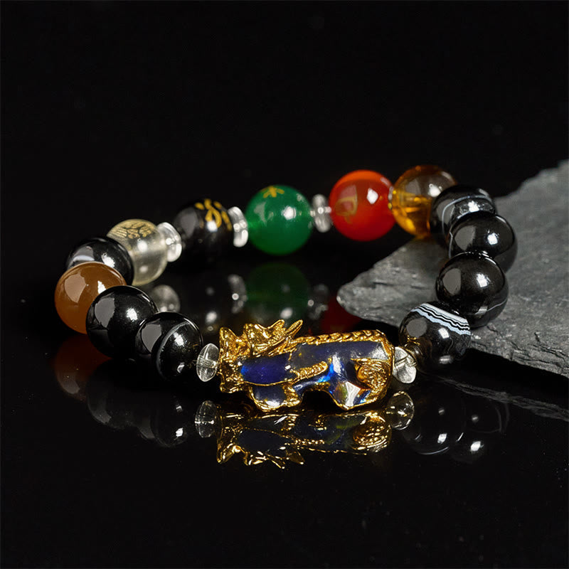 Sardonyx Five Elements Pi Xiu Positive Energy Bracelet – multi-color beads gold Pi Xiu reflective black, prosperity charm