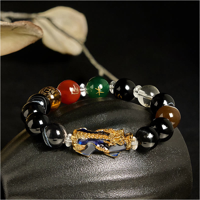 Sardonyx Five Elements Pi Xiu Positive Energy Bracelet – multi-color beads gold Pi Xiu black stone, feng shui wealth