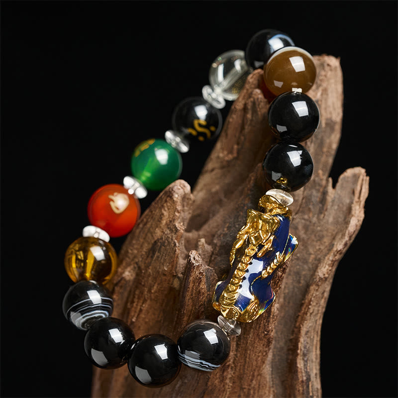 Sardonyx Five Elements Pi Xiu Positive Energy Bracelet – multi-color beads gold Pi Xiu driftwood, sardonyx bracelet