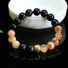 Obsidian Citrine Mantra Bracelet - Citrine and obsidian beads with gold mantra charm, reflective black surface, bead bracelet
