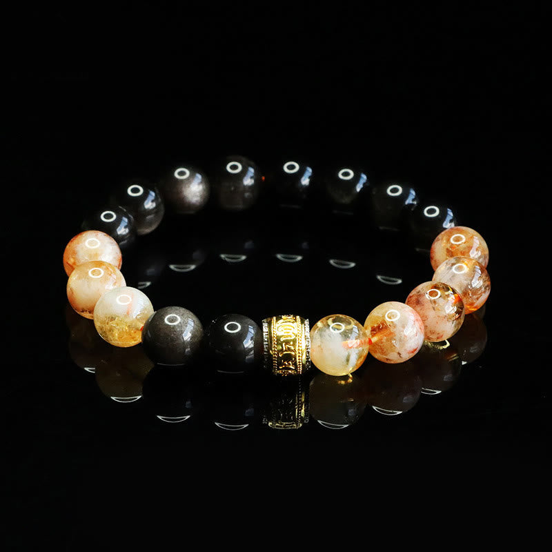 Obsidian Citrine Mantra Bracelet - Circular view of obsidian and citrine beads with gold mantra spacer, stretch bracelet