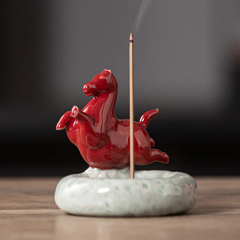 Year of the Horse Incense Burner – Glossy red horse on celadon crackle-glaze base with smoke