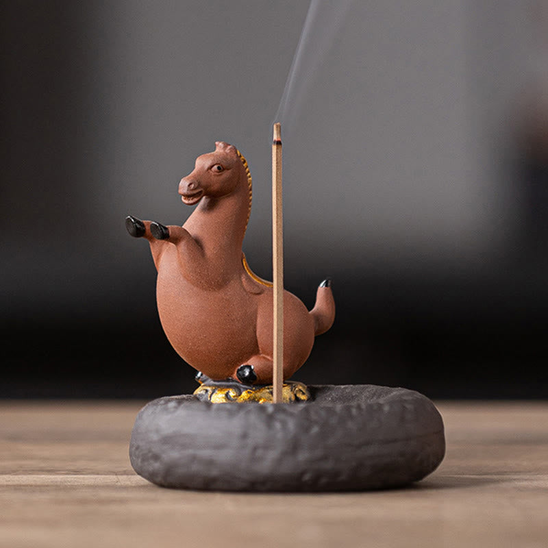 Year of the Horse Incense Burner – Brown ceramic horse with gold saddle on dark textured base