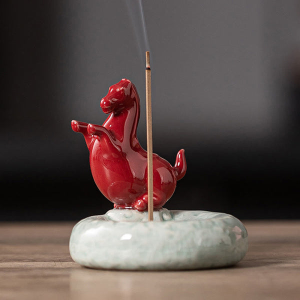 Year of the Horse Incense Burner – Red horse with wispy smoke on dark background, tranquil mood