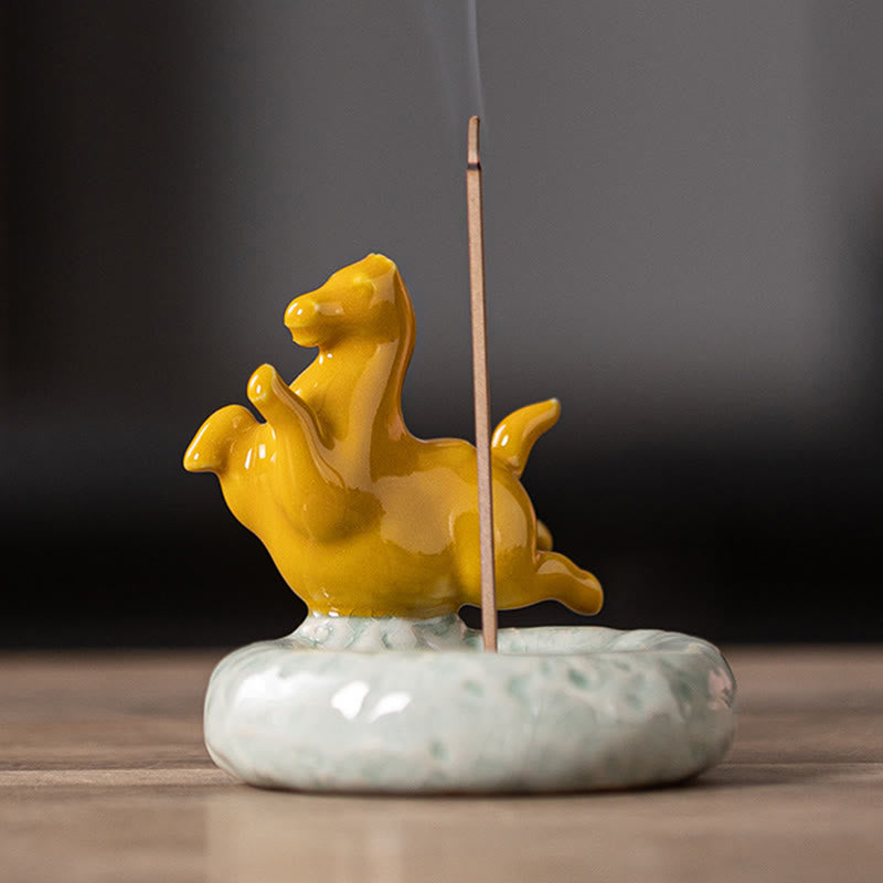 Year of the Horse Incense Burner – Golden amber horse on celadon base with rising smoke
