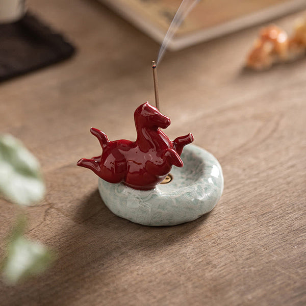 Year of the Horse Incense Burner – Red horse with incense smoke among books and crystals