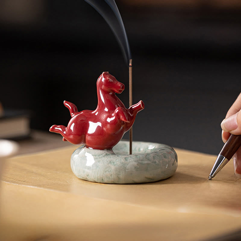 Year of the Horse Incense Burner – Red horse on celadon base with smoke, pen for scale
