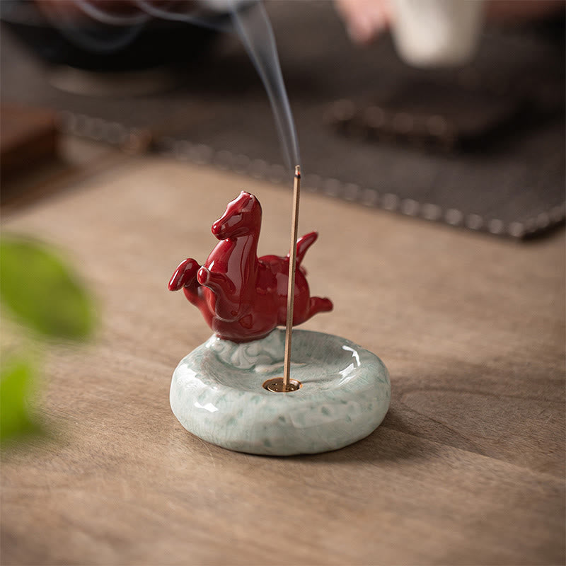 Year of the Horse Incense Burner – Red ceramic horse on celadon base with incense smoke