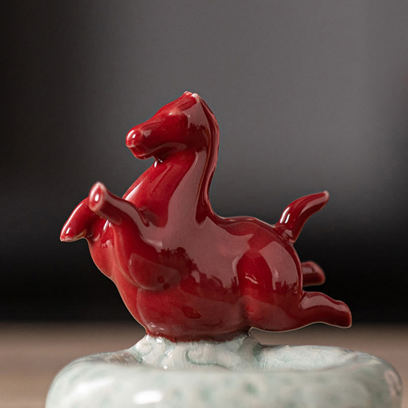 Year of the Horse Incense Burner – Crimson red glazed horse in dynamic rearing pose, ceramic art