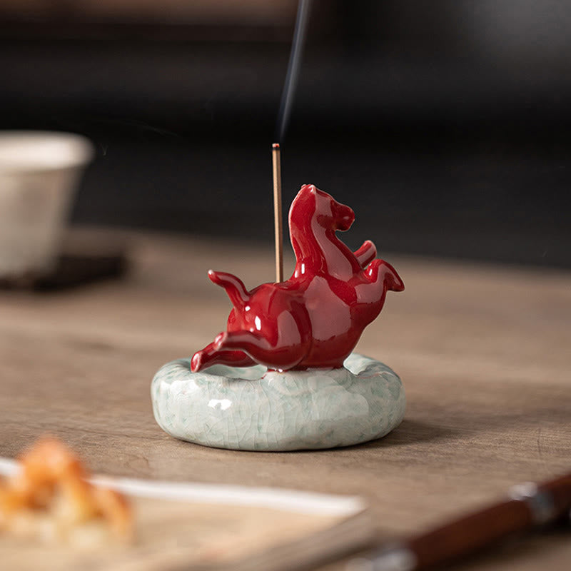 Year of the Horse Incense Burner – Red horse figurine with incense beside ceramic cup