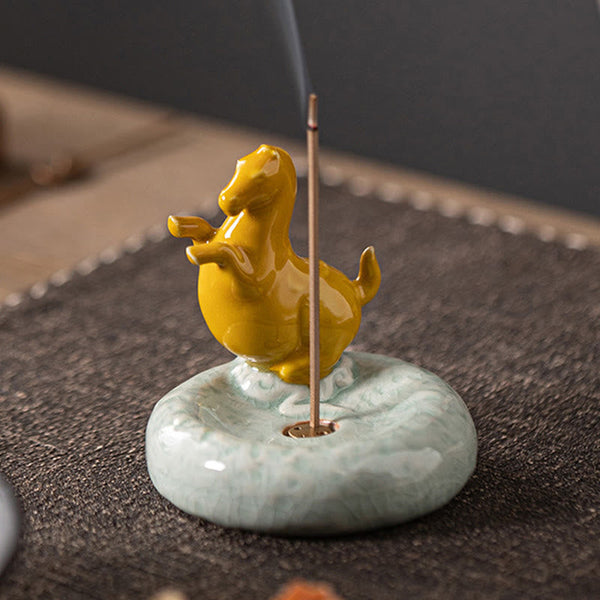 Year of the Horse Incense Burner – Mustard yellow horse on green crackle base, dark woven mat