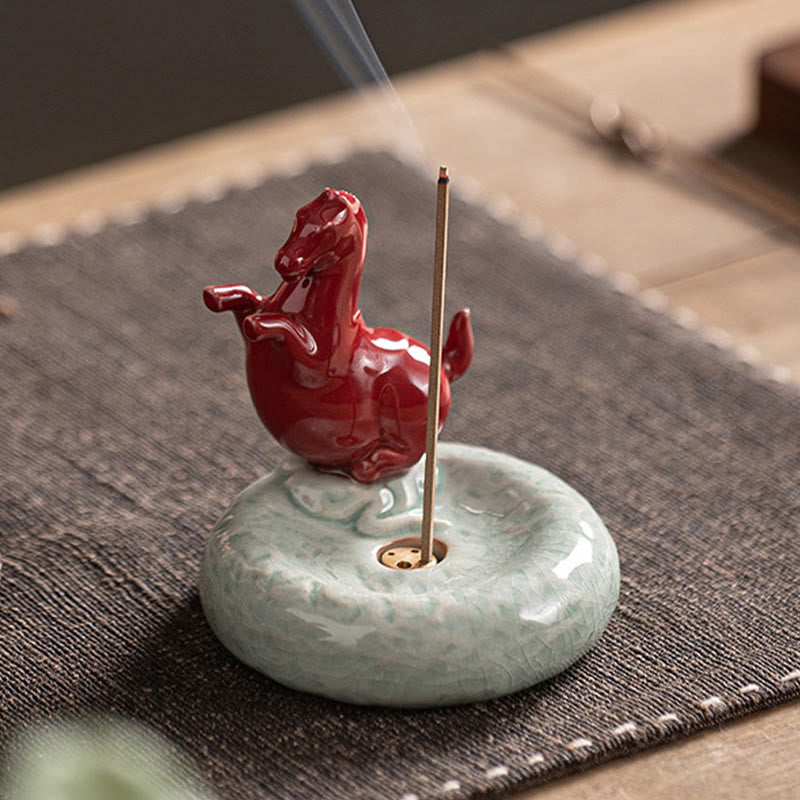 Year of the Horse Incense Burner – Red rearing horse on crackle base with brass fitting detail