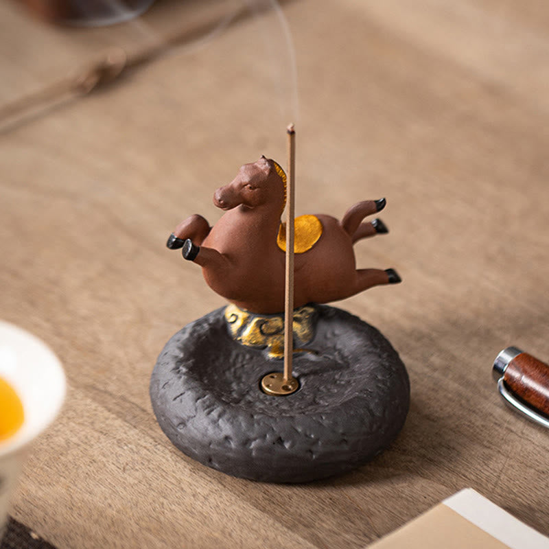 Year of the Horse Incense Burner – Playful horse figure with lit incense stick, tea ceremony decor
