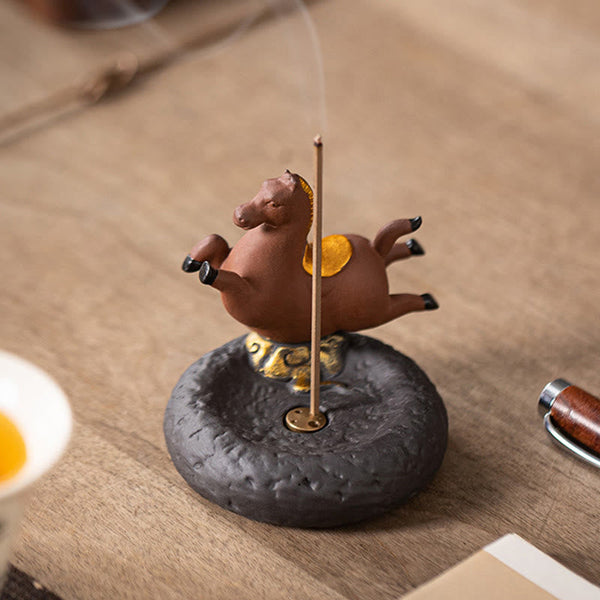 Year of the Horse Incense Burner – Playful horse figure with lit incense stick, tea ceremony decor
