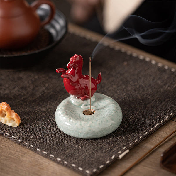 Year of the Horse Incense Burner – Red horse with smoke beside teapot, tea ceremony zen decor