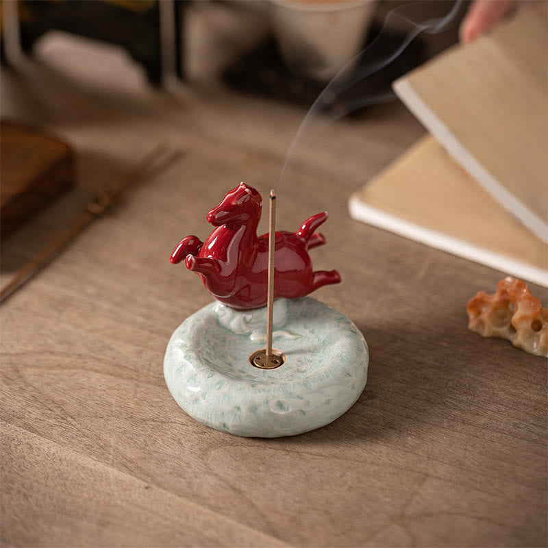 Year of the Horse Incense Burner – Crimson horse with smoke on wood table, crystal ambiance