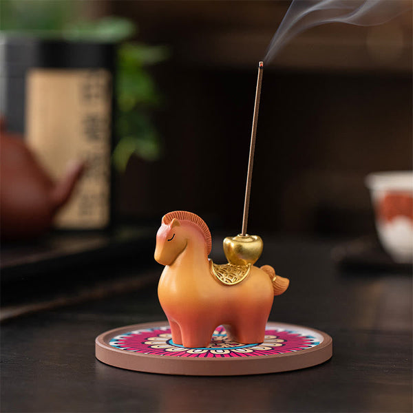Year of Horse Ingot Incense Burner – Peach horse incense holder on colorful mandala base with rising smoke, incense burner