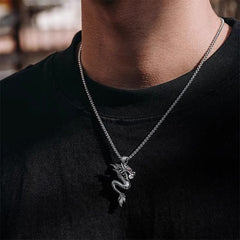 Copper Dragon Necklace – Dragon pendant worn on model, black tee, urban