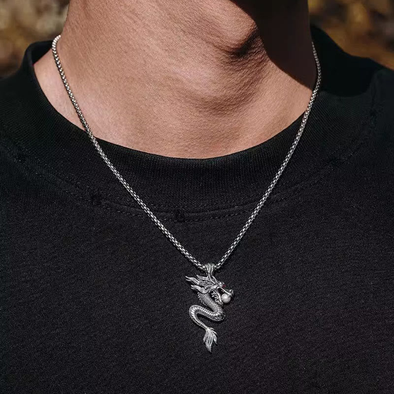 Copper Dragon Necklace – Dragon pendant on neck, natural lighting, masculine