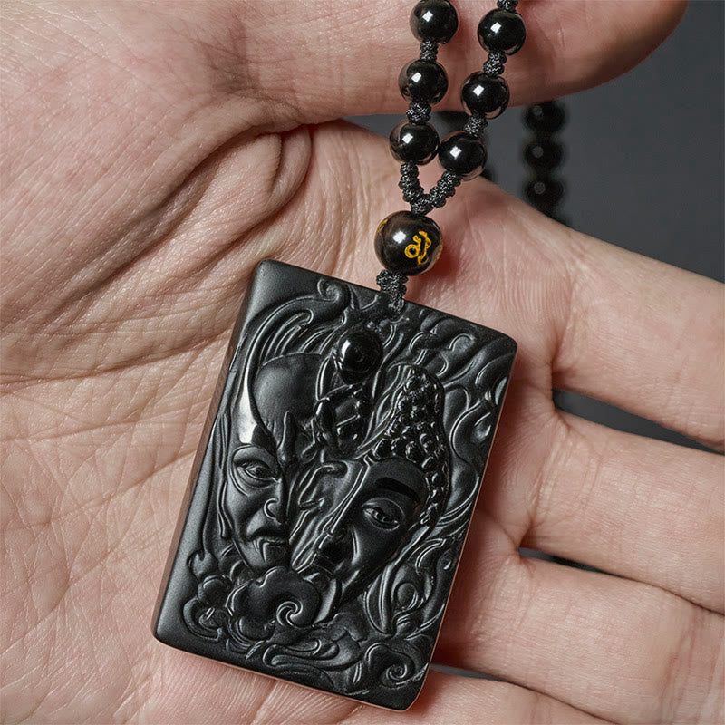 Half Demon Half Buddha Black Obsidian Relief Pendant Necklace – side angle obsidian pendant showing depth, mystical pendant