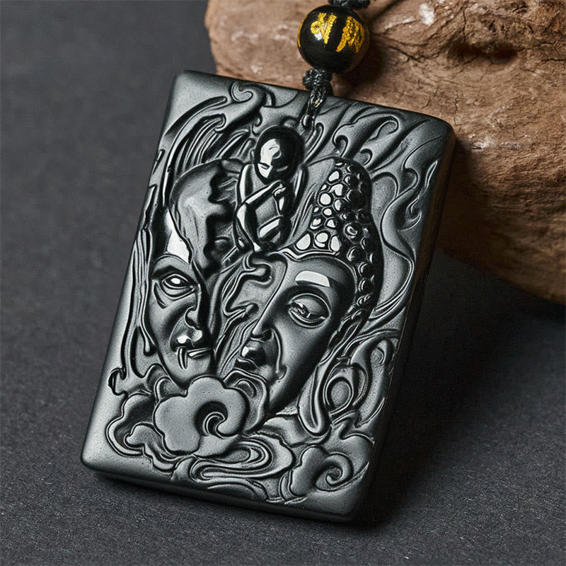Half Demon Half Buddha Obsidian Pendant Necklace – front view obsidian carved pendant on chain, spiritual jewelry
