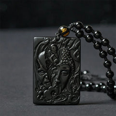 Half Demon Half Buddha Obsidian Pendant Necklace – closeup detailed relief carving half face design, mens necklace