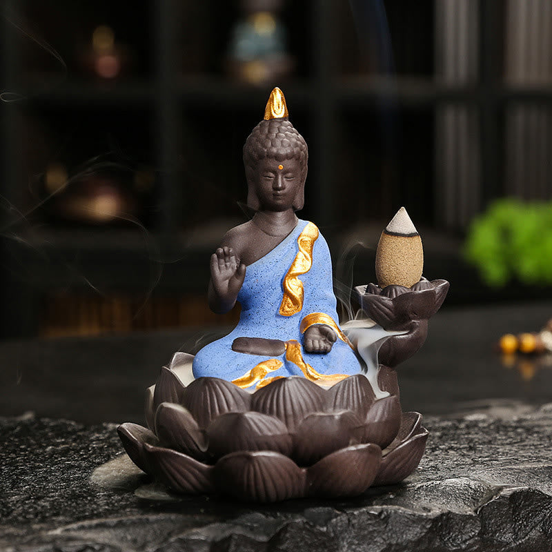 Buddha Serenity Ceramic Incense Burner Zen Home Decor – burning incense stick close-up, functional buddha art