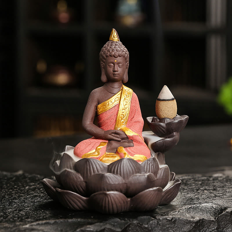 Buddha Serenity Ceramic Incense Burner Zen Home Decor – on wooden altar table, mindful meditation space setup