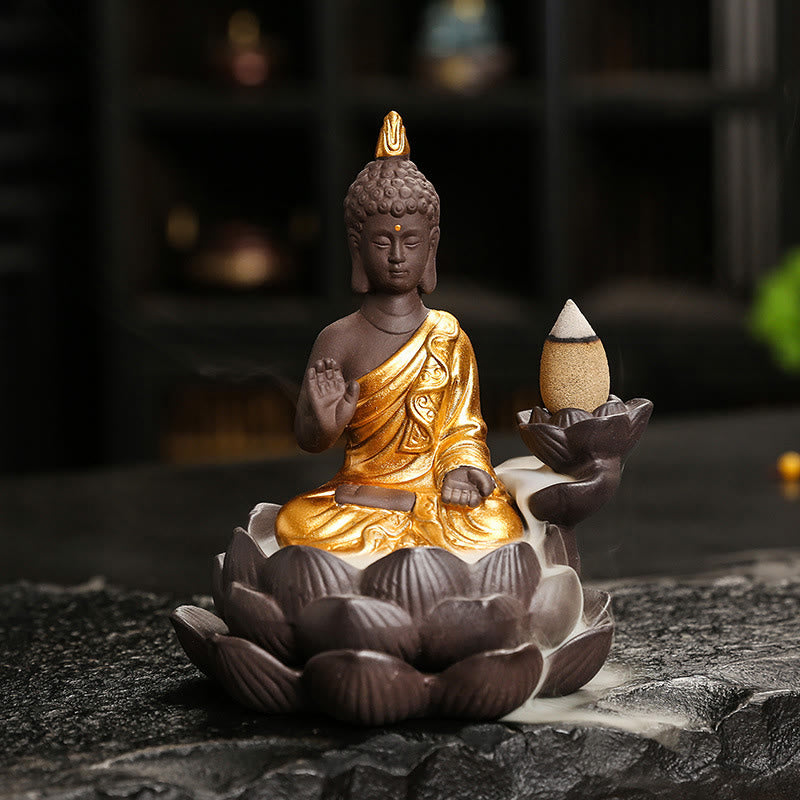 Buddha Serenity Ceramic Incense Burner Zen Home Decor – incense smoke rising detail, calming zen atmosphere