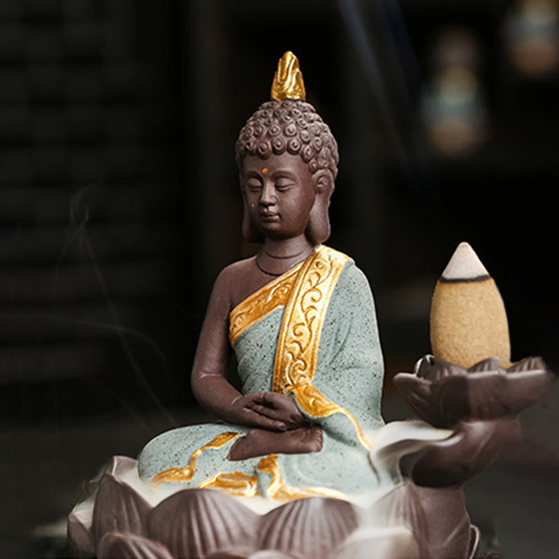 Buddha Serenity Ceramic Incense Burner Zen Home Decor – shelf arrangement with plants, boho zen home style