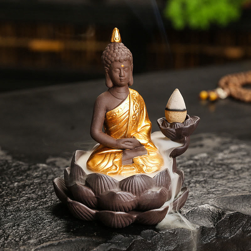 Buddha Serenity Ceramic Incense Burner Zen Home Decor – golden ceramic buddha incense burner, zen meditation decor