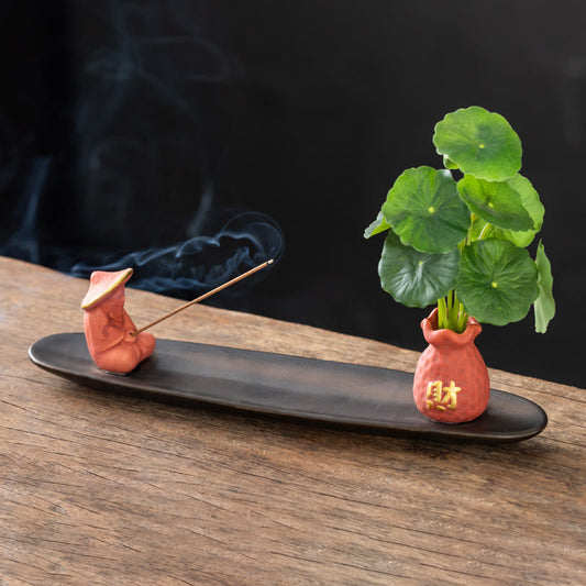 Pixiu Wealth Ceramic Incense Burner – pink fisherman plant vase smoking, zen home decor
