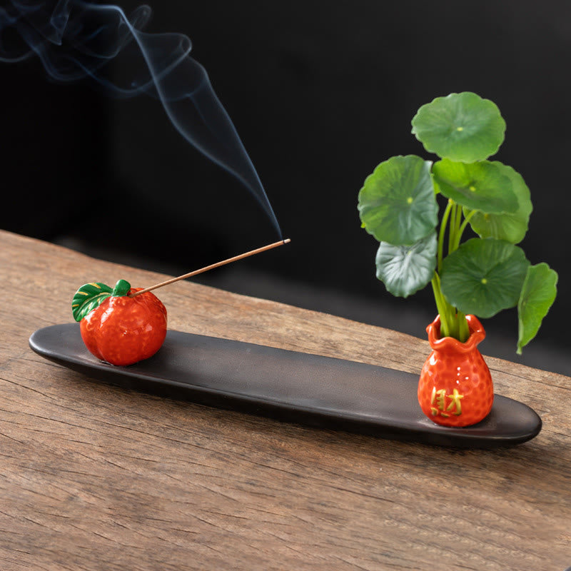 Pixiu Wealth Ceramic Incense Burner – red orange plant vase, citrus shape incense stick