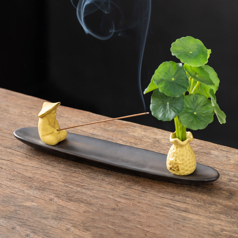 Pixiu Wealth Ceramic Incense Burner – yellow fisherman green plant, meditation incense holder