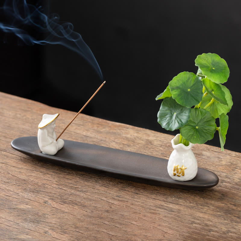 Pixiu Wealth Ceramic Incense Burner – white fisherman smoking incense, minimalist zen decor