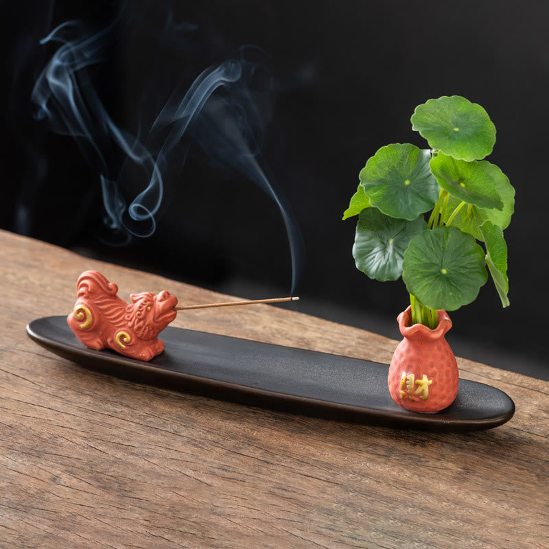 Pixiu Wealth Ceramic Incense Burner – pink Pixiu dragon plant, smoking stick holder zen