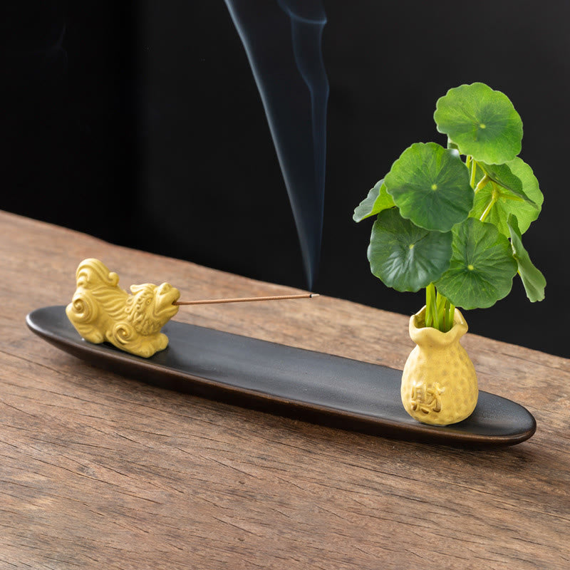 Pixiu Wealth Ceramic Incense Burner – yellow Pixiu plant vase, wealth incense holder zen