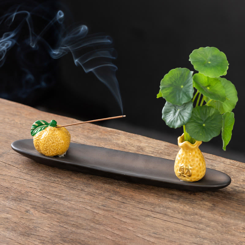 Pixiu Wealth Ceramic Incense Burner – yellow orange plant vase, bright citrus incense decor